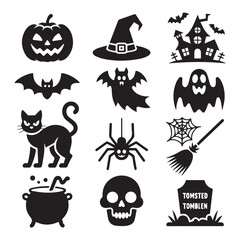 Vector art of a collection of classic halloween icons including a pumpkin, witch hat, ghost, bat, spider, cat, and skull