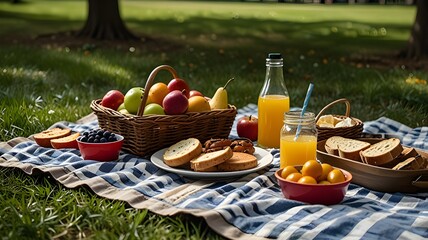 A picnic blanket spread out with food and drinks in a park