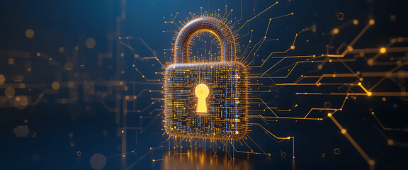 Abstract pop up cyber protection 3d digital lock which created by millions of tiny golden glowing particles connected by glowing lines, in a solid minimalist dark purple gradient texture background, 
