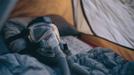 cpap camping. Respiratory mask resting on soft bedding inside a tent, showcasing the importance of safety equipment in outdoor environments and emphasizing preparedness for various conditions