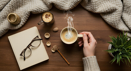 Overhead shot of a hand holding a steaming mug of coffee next to a book, glasses, another coffee, plant, and a cozy blanket on a wooden table.