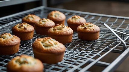 Freshly baked goods cooling on a wire rack 