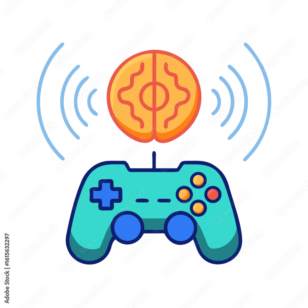 Poster illustration of a turquoise game controller beneath a brain with signal waves emanating from it