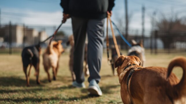 Person walks multiple dogs in park, showcasing variety of breeds and sizes. scene captures joy of pet ownership and bond between humans and animals