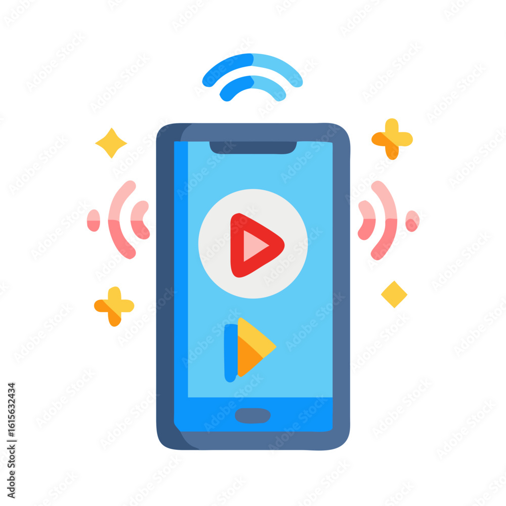 Poster illustration of a blue smartphone with play buttons and wifi signal with sparkling elements around i