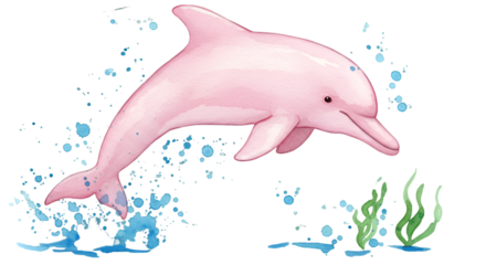 Illustration Of A Pink Dolphin Jumping In Blue Water With Transparent Background