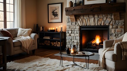 A cozy fireplace with a roaring fire and soft blankets nearby