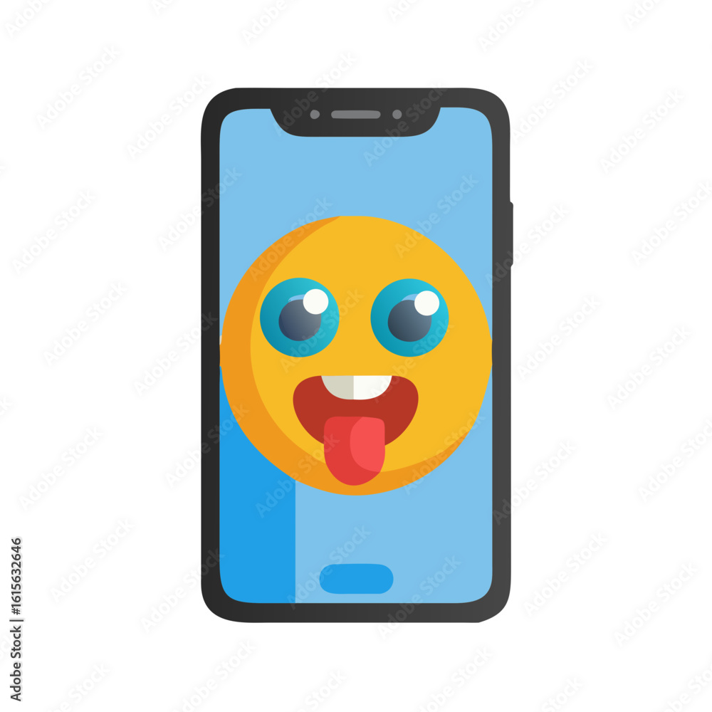 Poster smartphone displaying a playful emoji with tongue sticking out on a blue screen interface design sty