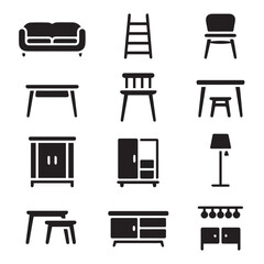 Fototapeta premium Vector art of a collection of modern and classic furniture icons, including sofas, chairs, tables, and storage units