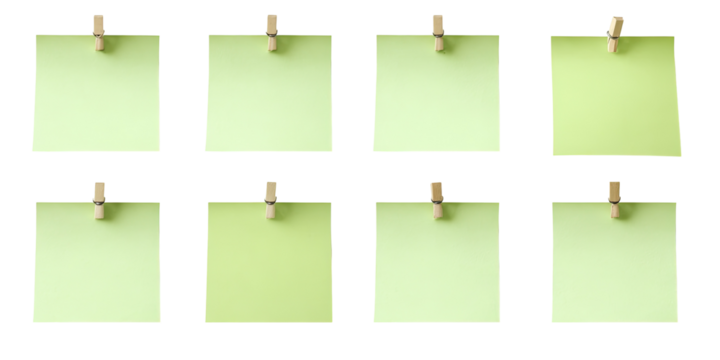 Nine light-green sticky notes, each with a wooden clothespin