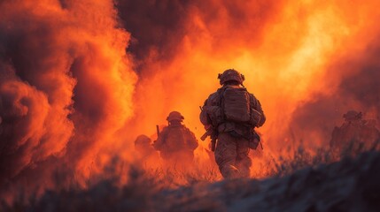 Naklejka premium A Dramatic War Scene Depicting Soldiers in Fiery Battlefield Atmosphere