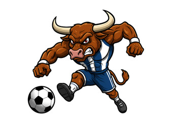Illustration Of An Angry Bull Kicking A Soccer Ball In Blue And White Uniform