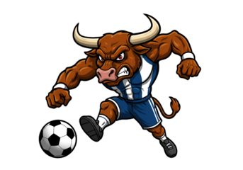 Illustration Of An Angry Bull Kicking A Soccer Ball In Blue And White Uniform