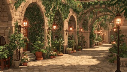 Fototapeta premium Sun-drenched alleyway with arches, vines, and plants