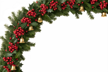 A festive christmas garland with holly berries, golden bells, and fir branches isolated on transparent background