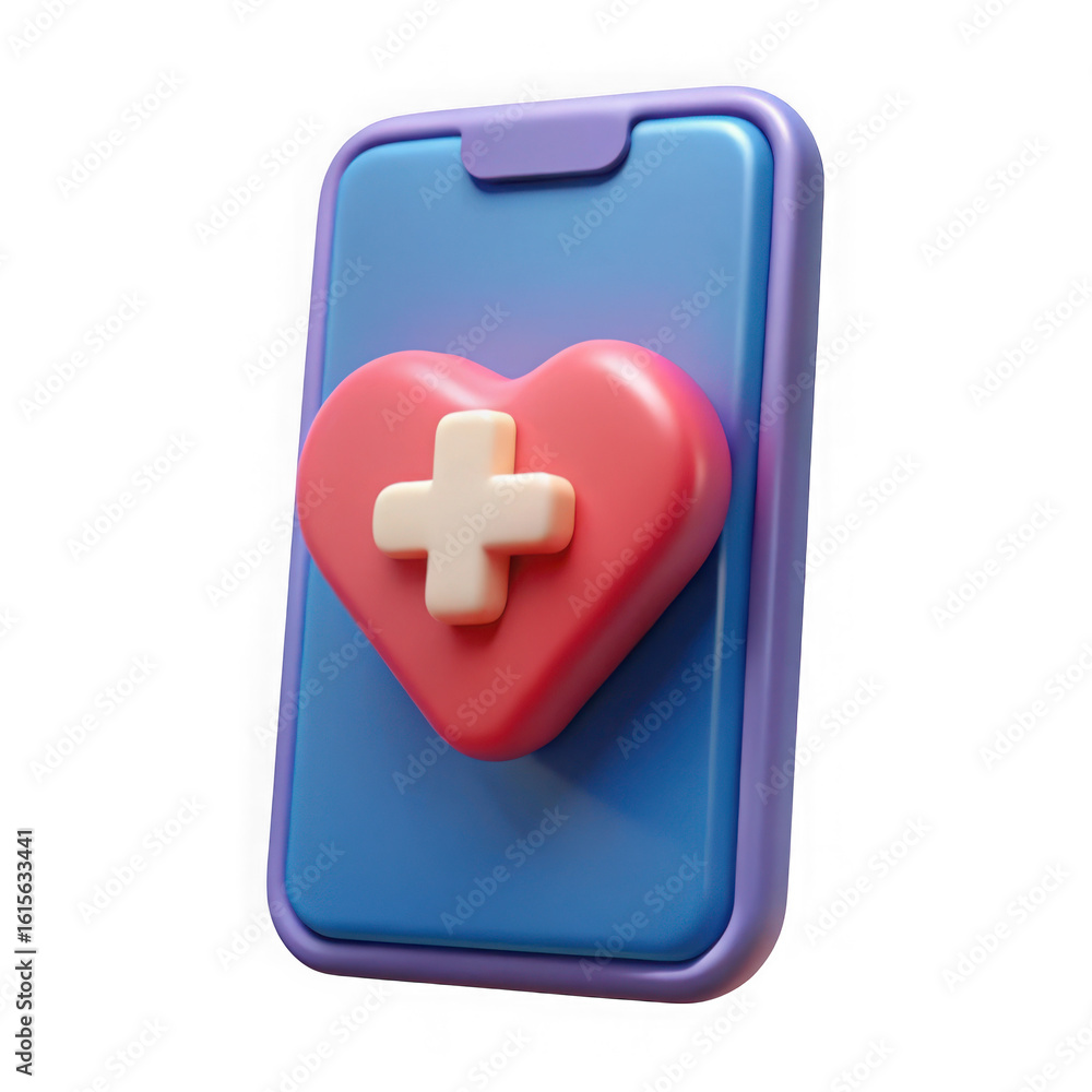 Poster 3d render of a smartphone displaying a red heart with a white medical cross isolated on transparent 