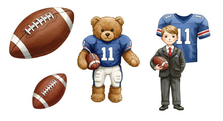 Illustration of Football Teddy Bear and Boy in Blue Uniform Holding Balls