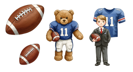 Illustration of Football Teddy Bear and Boy in Blue Uniform Holding Balls