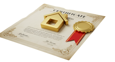 Illustration of Golden House on Certificate with Seal and Red Ribbon