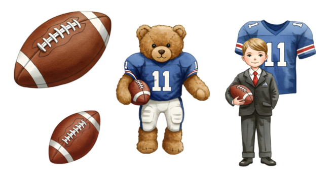 Illustration of Football Teddy Bear and Boy in Blue Uniform Holding Balls