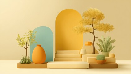 Colorful decorative display with potted plants and vases.