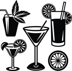 Cocktail and Drink Icon Set, Vector Bar Menu Symbols with Martini and Mojito, Black and White Graphic Illustration
