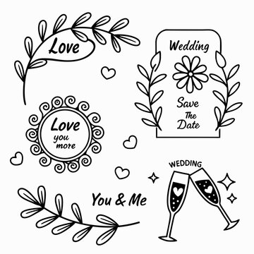Wedding invitation design elements vector set with love hearts floral frame and champagne glasses vector art