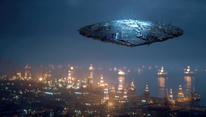 Floating, metallic disc over a city at night