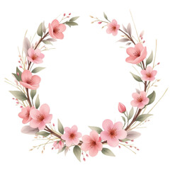 A soft pink floral wreath illustration in a watercolor style. Round frame composed of spring blossoms and branches, isolated on white background.