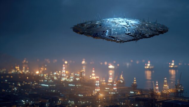 Floating, metallic disc over a city at night