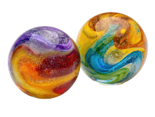Two vibrant, multicolored glass marbles.  Close-up, isolated, on black.  Abstract swirls and streaks of color.  Distinct patterns, with hints of sparkle