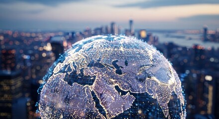 A glowing earth globe showing europe and asia with a blurred city skyline in the background at dusk
