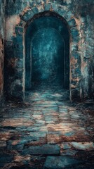 Fototapeta premium Entering Stone Archway on Cobblestone Path to Dark Interior