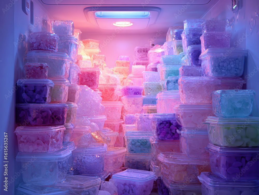 Poster a refrigerator interior filled with multiple stacked plastic containers in various sizes and shapes,