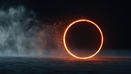 Obraz premium Fiery ring of light on dark surface, surrounded by smoke and sparks