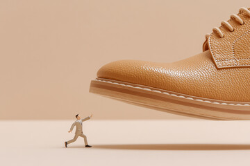 giant businessman's foot wearing leather shoe about to step on a tiny man in a suit with his hand raised
