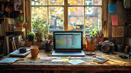 A detailed shot of a vibrant and cluttered artist's desk with an open laptop, pens, plants, and a vintage camera in front of a window