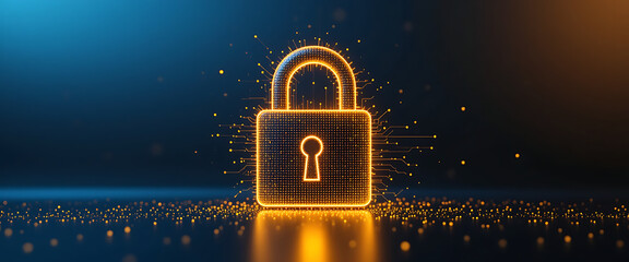 Abstract pop up cyber protection 3d digital lock which created by millions of tiny golden glowing particles connected by glowing lines, in a solid minimalist dark purple gradient texture background, 