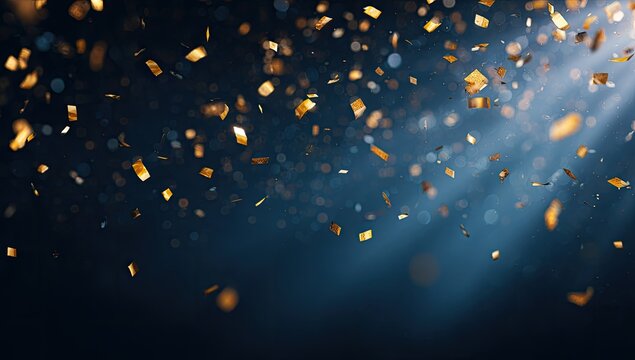 Golden confetti bursts against dark blue backdrop