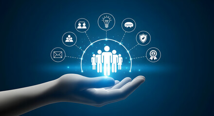 A hand presents a team surrounded by icons representing collaboration, innovation, and security, set against a blue backdrop.