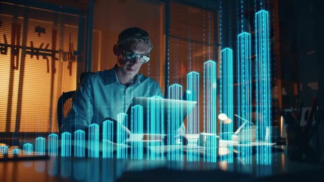 Time-lapse sequence businessman desk sunrise to night, analyzing data tablet. holographic bar chart grows higher day. Office environment changes time, warm cool tones, ambient particle lights