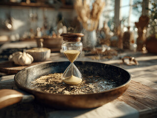 Close-up image of a 3D frying pan with an hourglass inside, suggesting time consumption, set in a rustic kitchen or workshop The focus is on an hourglass with sand, surrounded by grain - AI-Generated