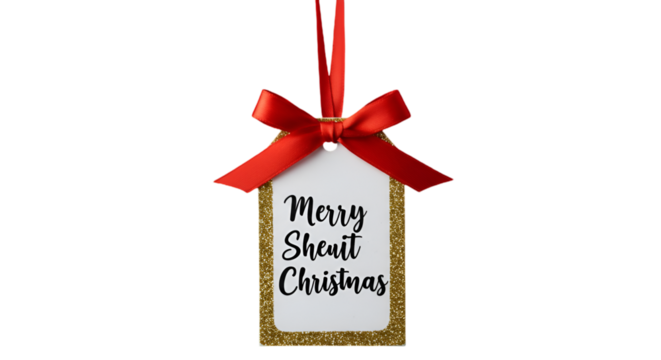 Isolated Christmas Gift Tag Illustration With Red Ribbon And Gold Border