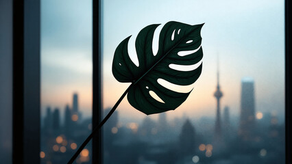 Monstera Leaf: A striking silhouette against a vibrant city skyline at sunset
