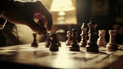 Dramatic close up of a chessboard mid game with pieces carefully arranged and a focus on a players hand making a thoughtful move under warm lighting creating a sense of intense concentration