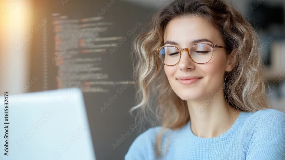 Poster coding serenity: a focused individual, adorned with glasses, finds tranquility while working on a la