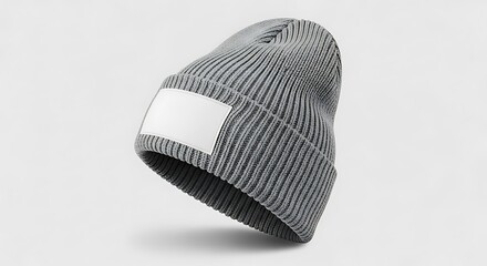 A gray ribbed knit beanie hat with a blank white label isolated on white background