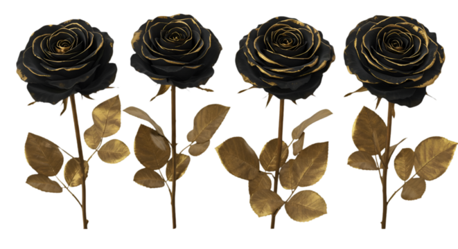 Isolated Black And Gold Roses Floral Illustration On Transparent Background
