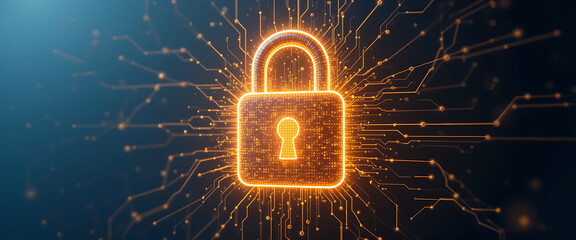 Abstract pop up cyber protection 3d digital lock which created by millions of tiny golden glowing particles connected by glowing lines, in a solid minimalist dark purple gradient texture background, 