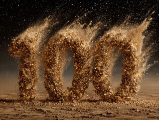 Golden 3D representation of number 100 emitting a dynamic, bursting effect amidst golden dust and arcs Set against a dark, starry backdrop Modern graphic design aesthetic with a foc - AI-Generated